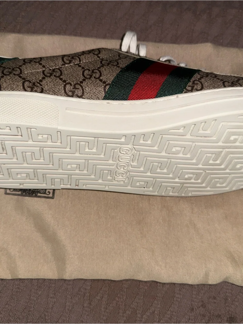 Gucci Brown GG Canvas Sneaker with White Laces and Green-Red Web